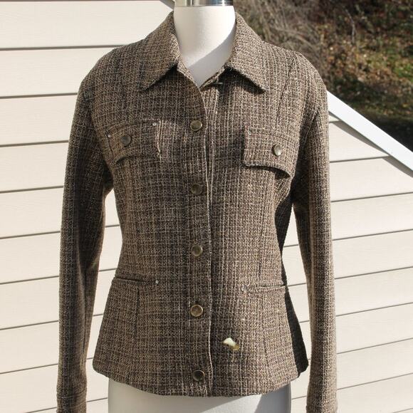 Oltre Women's Blazer Military Style Brown Gold Metallic Rhinestones Size 10 - Picture 1 of 12